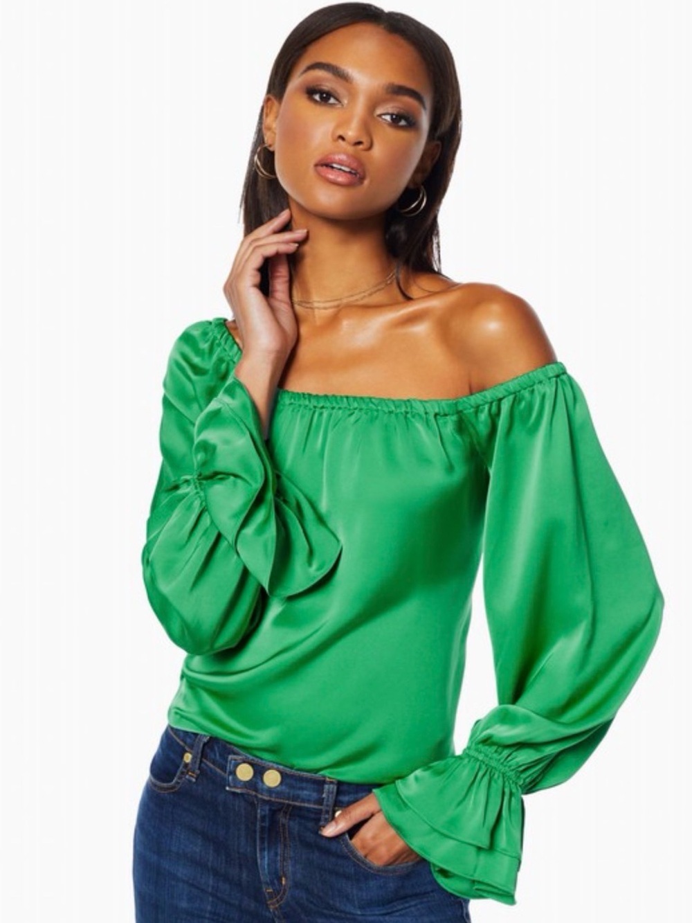 Ramy Brook Emerald Off-Shoulder Satin Murphy Blouse - Picture 1 of 4